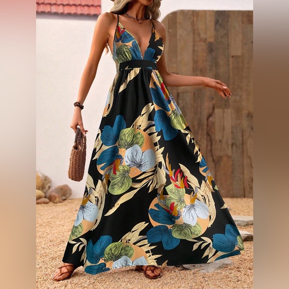 Criss cross boho gypsy floral maxi dress v neck backless orange white - Picture 7 of 7